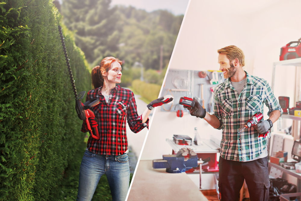 Zwei Personen mit Gartengeräten und Akkus